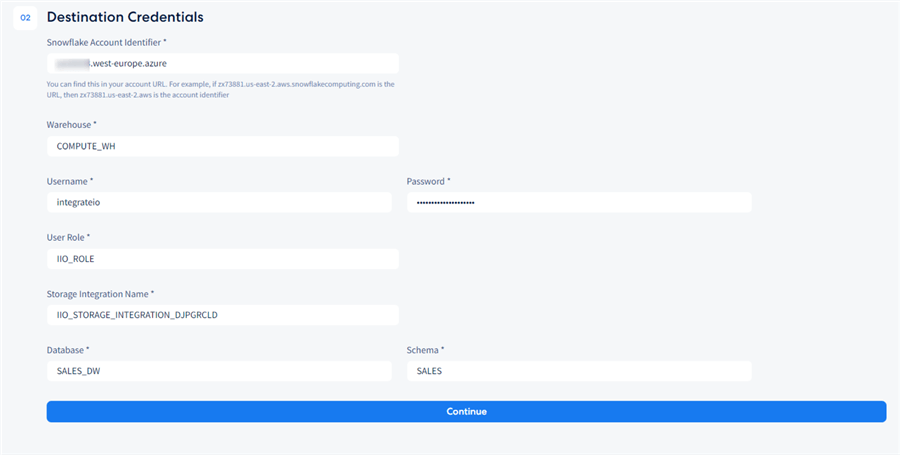 snowflake destination credentials