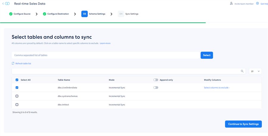 selecting tables and columns to sync