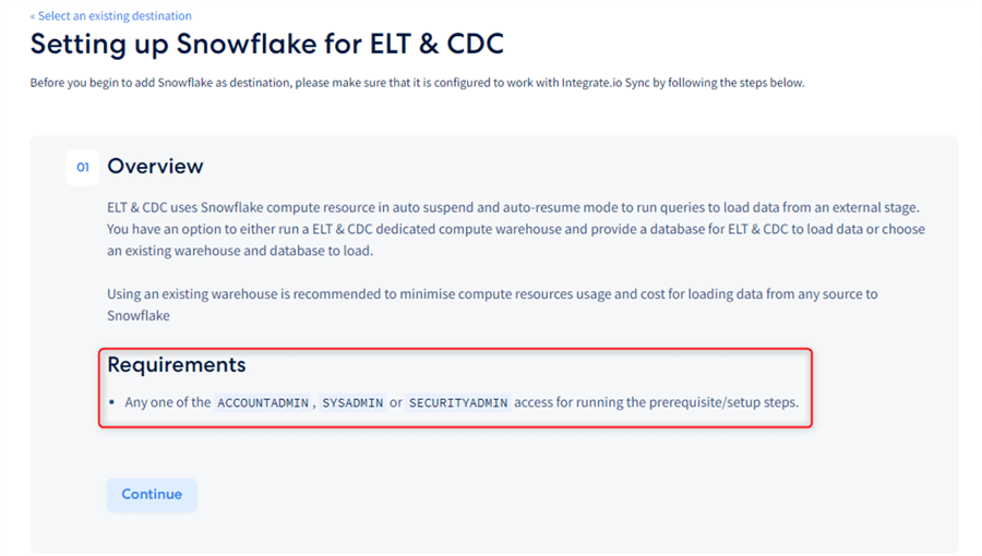 snowflake destination requirements