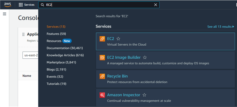 Figure 1 Search for EC2 in the search bar