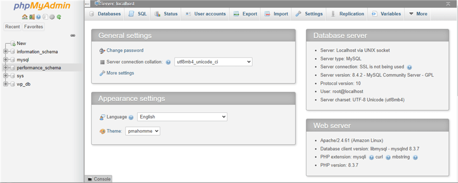 Figure 12 The phpMyAdmin tool interface