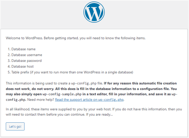 Figure 15 The welcome page of the WordPress web application configuration