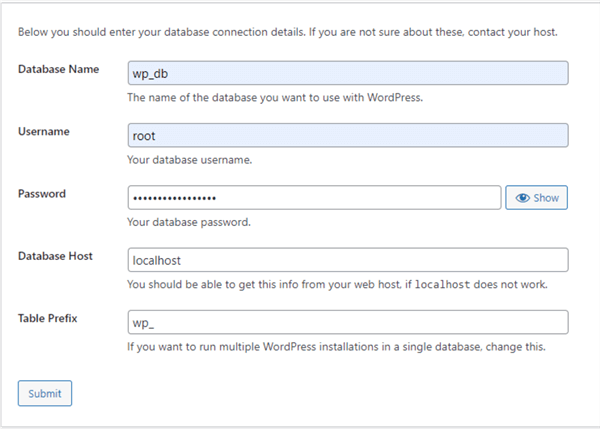 Figure 16 The database connection details