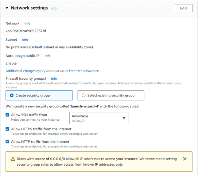 Figure 3 The Network settings on the Launch instance page