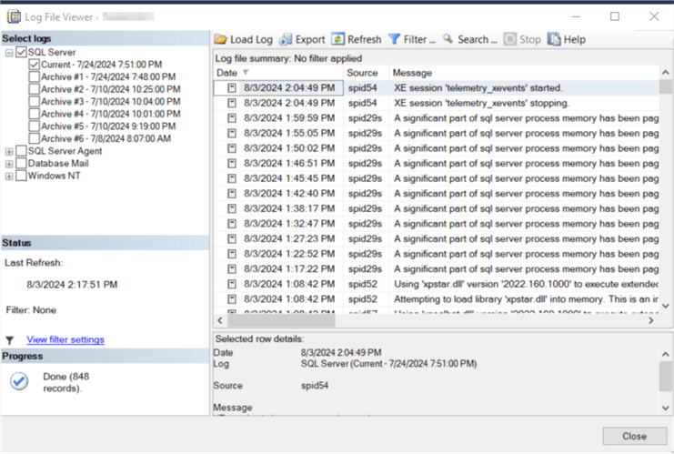 sql server error log details