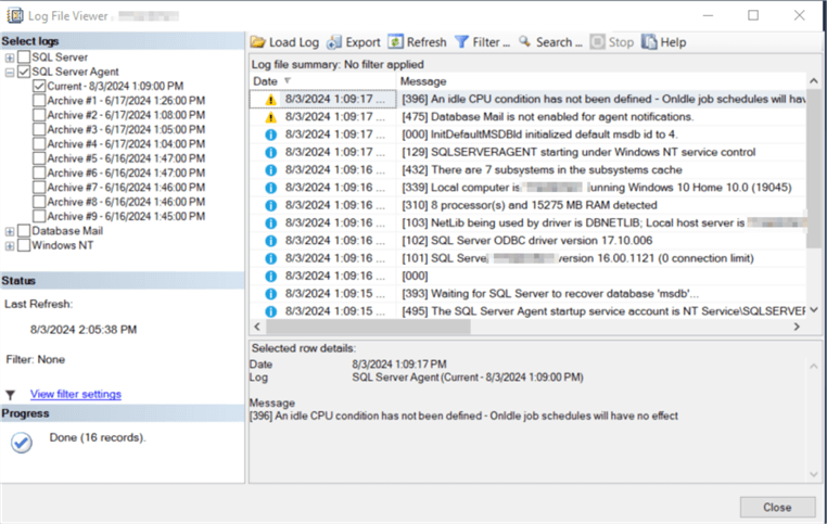 sql agent error log details