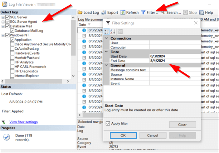 view multiple error logs