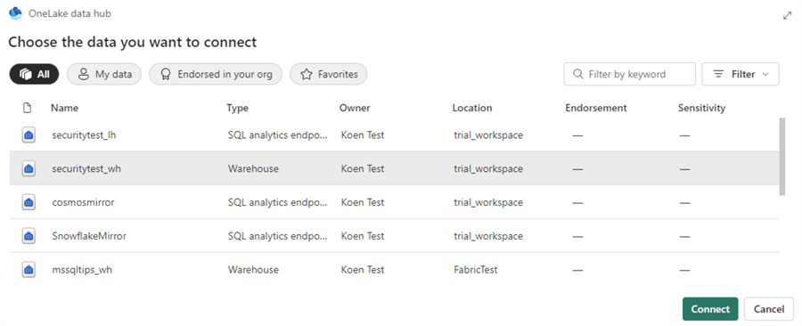 choose data from the onelake data hub