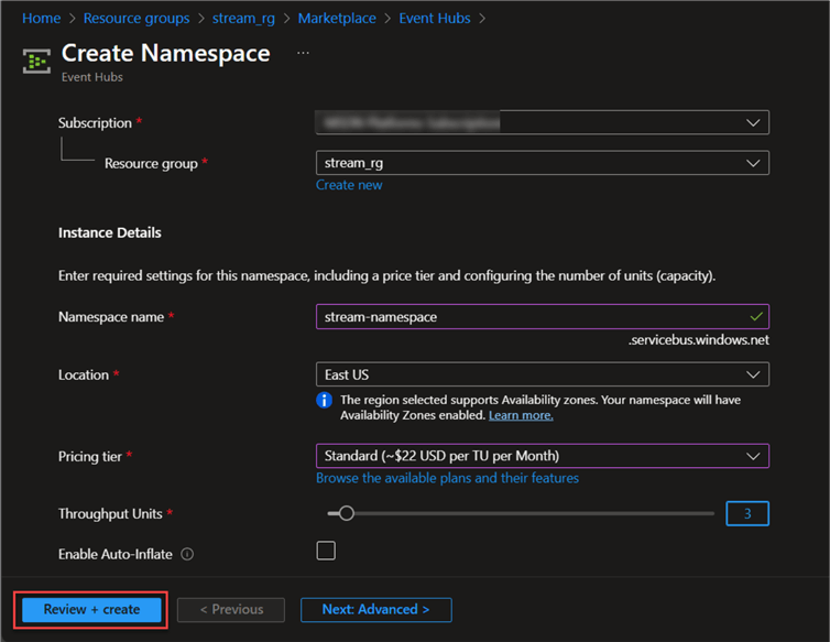 Provision EventHub Namespace