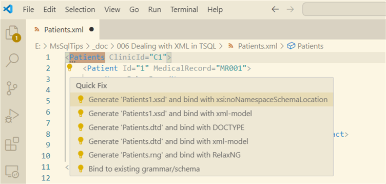 XSD from XML in VS Code