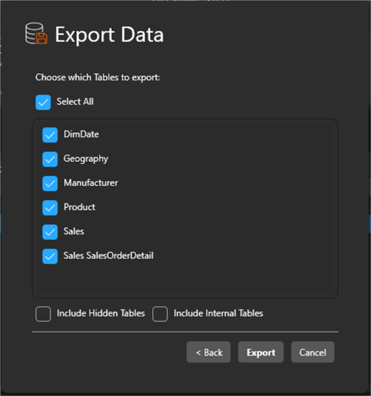 Image showing how to export whole tables to CSV files from DAX Studio 3