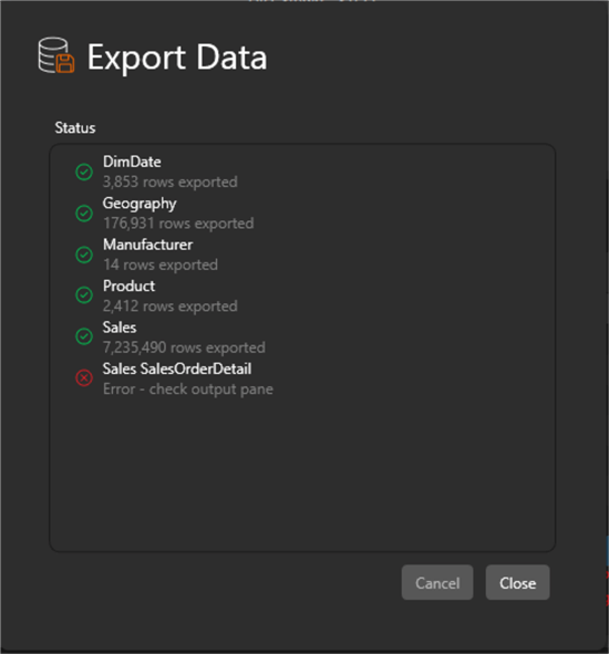 Image showing how to export whole tables to CSV files from DAX Studio 4