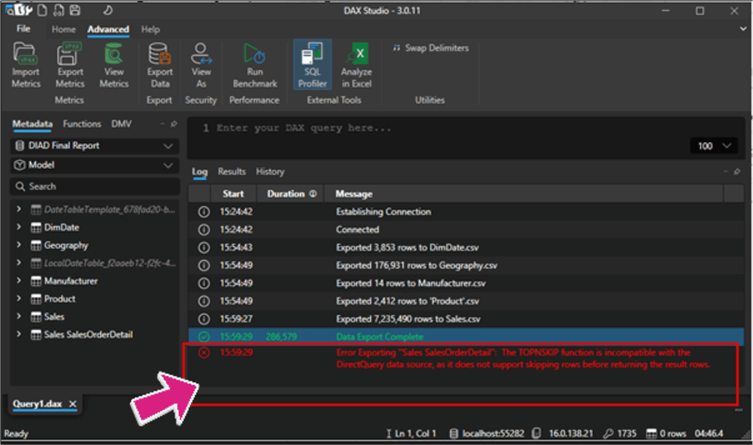 Image showing Log messages in DAX Studio