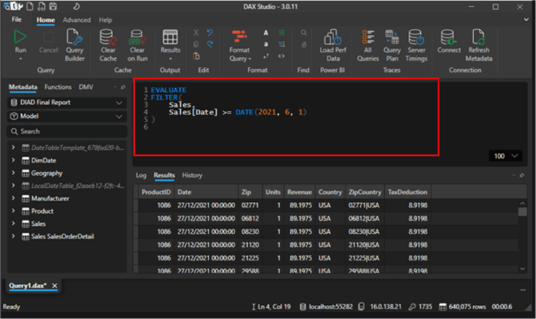 Image showing how to write a simple DAX query in DAX Studio to filter volume of data to be exported to csv files