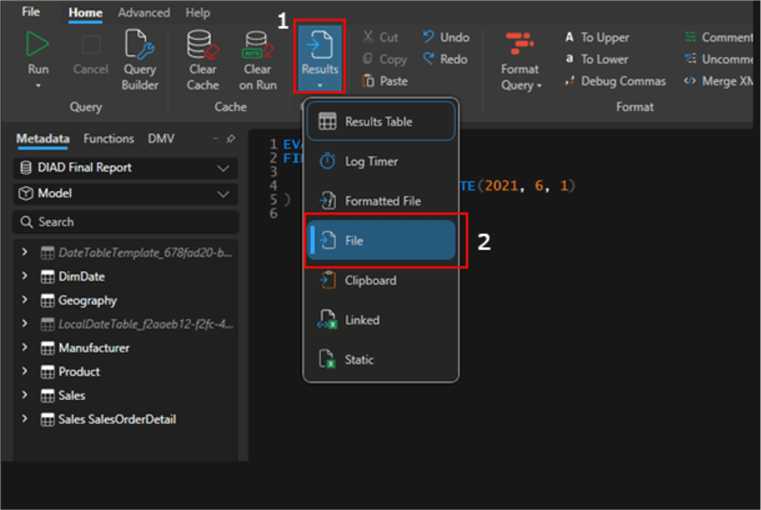 Image showing how to export results of a simple DAX query in DAX Studio to filter volume of data to be exported to csv files