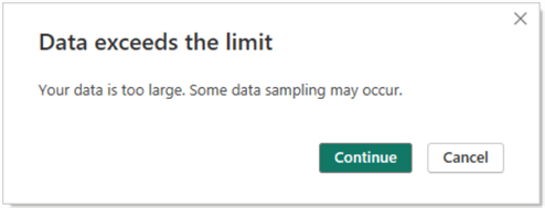 Image showing a message warning of data limit exceeded in Power bi.