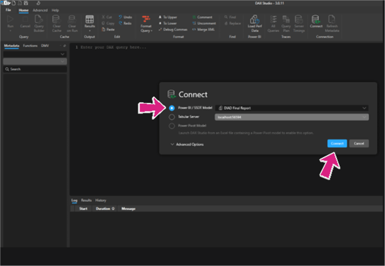 Image showing how to connect to a Power BI model in DAX studio.