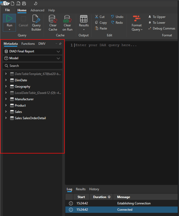 Image showing Power BI model tables in DAX studio.