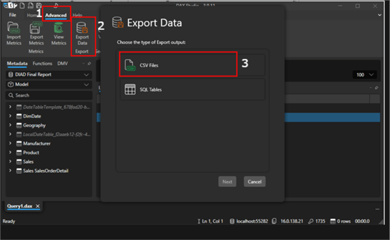 Image showing how to export whole tables to CSV files from DAX Studio