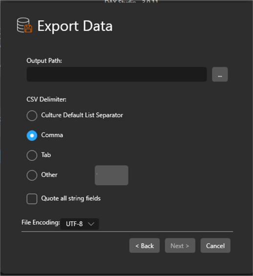 A screenshot of a computer&#xA;Image showing how to export whole tables to CSV files from DAX Studio 2