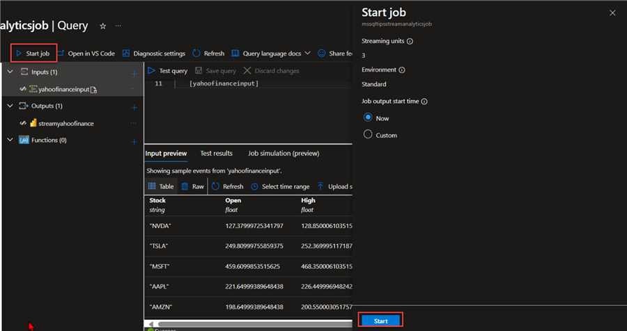 Start Stream Analytics Job