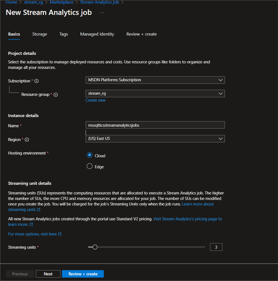 Stream Analytics Job Basic Settings