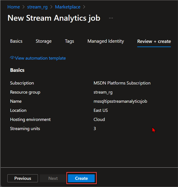 Create Stream Analytics