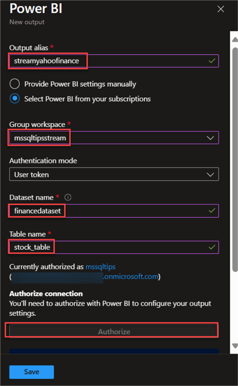 Configure Power BI Service Output