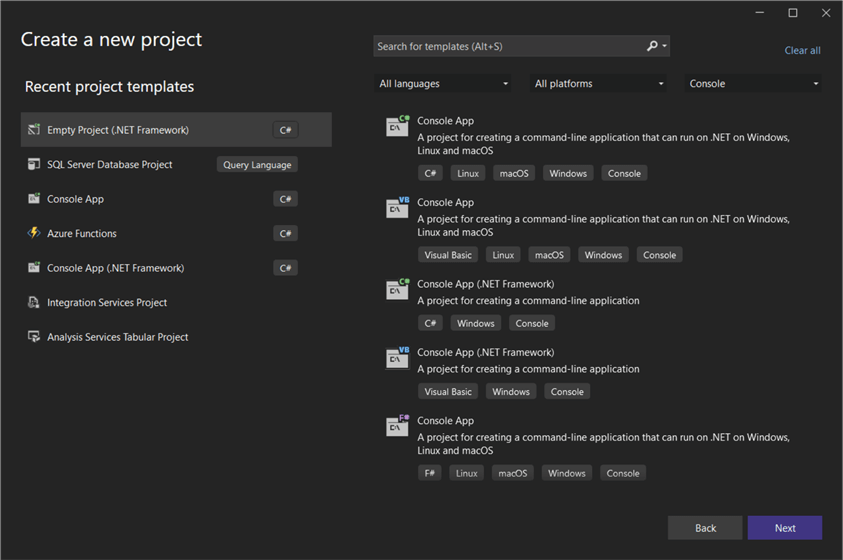 create new project in visual studio