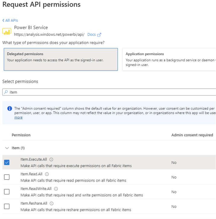 select necessary permissions from the list