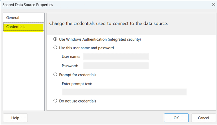 data source credentials tab