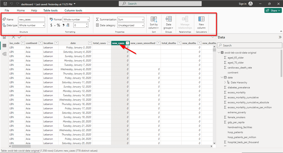 column metadata