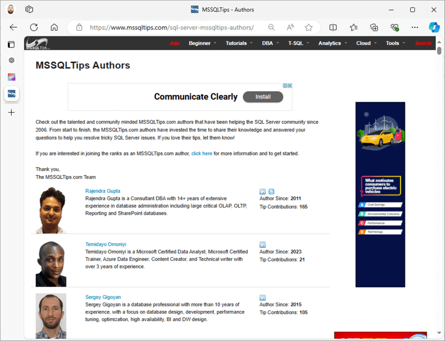 MSSQLTips authors page