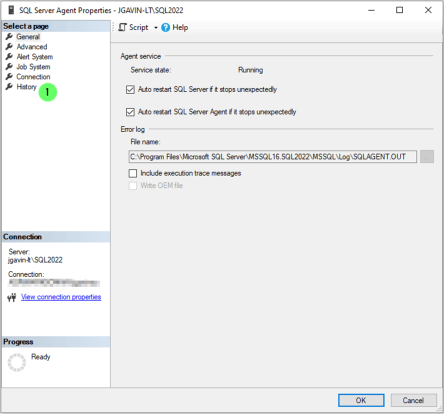 SQL Server Agent ->Properties -> History