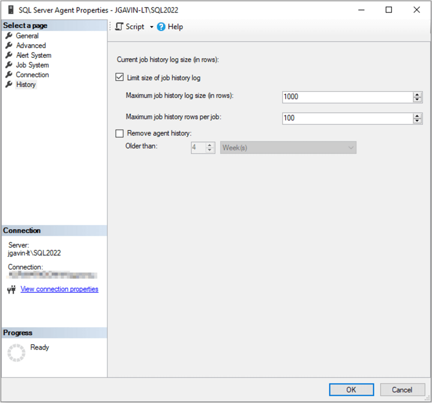 SQL Server Agent ->Properties -> History