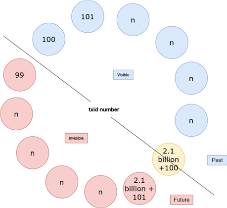 Tuple_1 is visible because txid 100 is in the past.