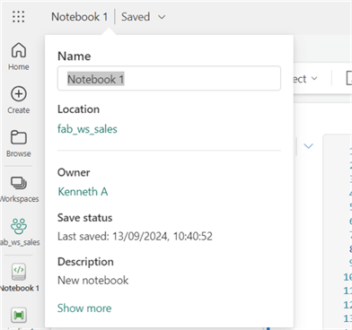 Screenshot showing how to rename a Notebook in MS Fabric