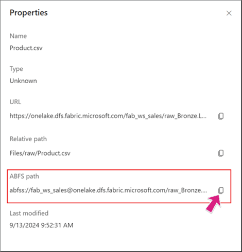 Screenshot showing how to copy ABFS path in MS Fabric Lakehouse