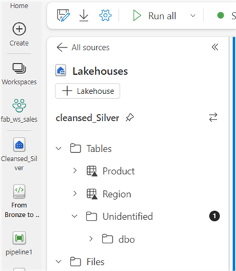 A screenshot showing a Product and Region table in delta format created in a Lakehouse