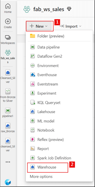 A screenshot showing how to create a warehouse in MS Fabric WS