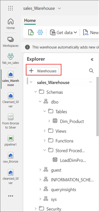 Screenshot showing how to link an existing Lakehouse to a Warehouse in MS Fabric