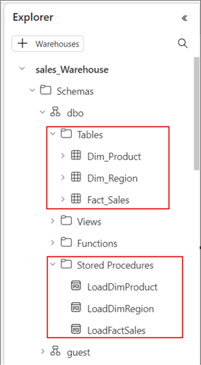 Screenshot showing tables and SP created in a MS Fabric Warehouse