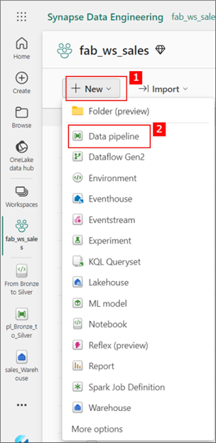 Screenshot showing how to create a Data Pipeline in MS Fabric