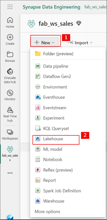 Screenshot showing how to create a Lakehouse in MS Fabric Workspace