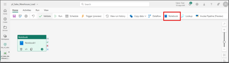 Screenshot showing how to include a Notebook activity in a Data Pipeline in MS Fabric