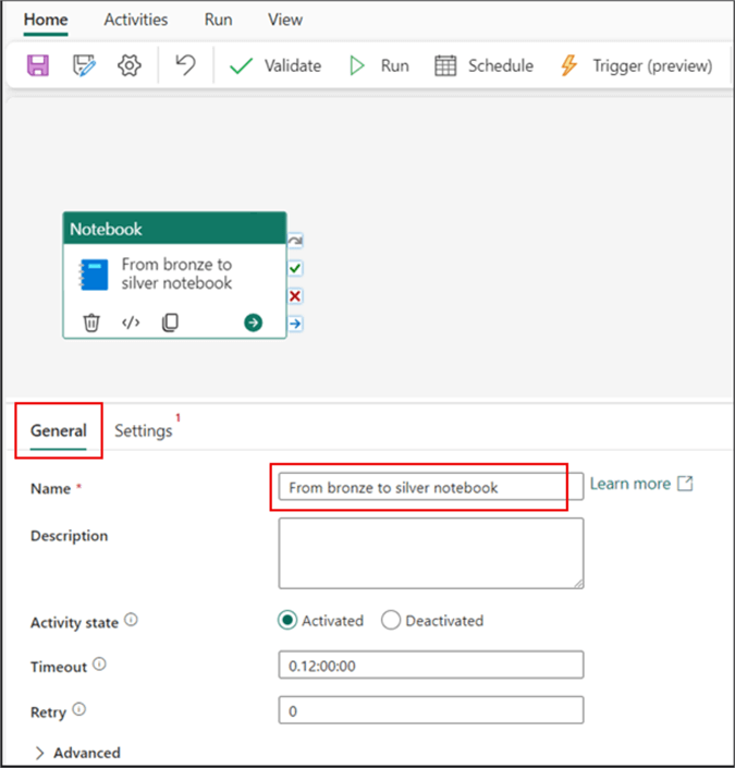 Screenshot showing how to rename a Notebook activity in a Data Pipeline in MS Fabric