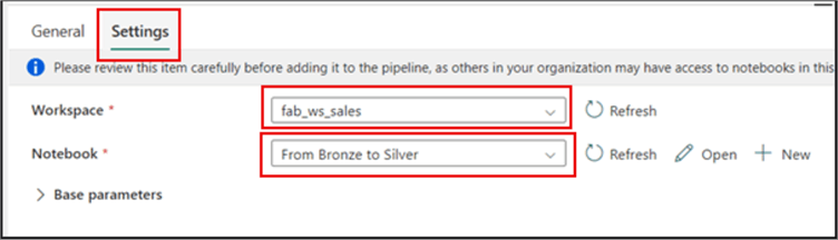 Screenshot showing how to configure the settings of a Notebook activity in a Data Pipeline in MS Fabric