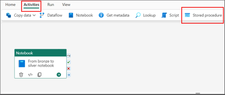 Screenshot showing how to include a Stored Procedure activity in a Data Pipeline in MS Fabric