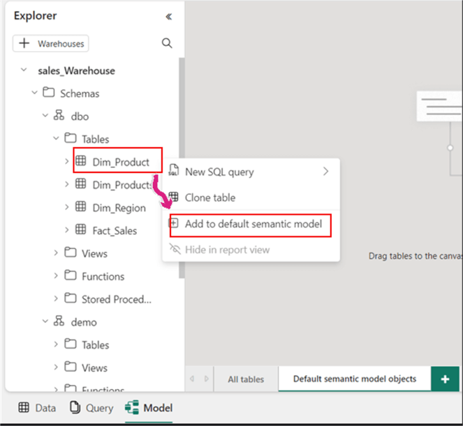 Screenshot showing how to add a table to the Model view in MS Fabric Warehouse