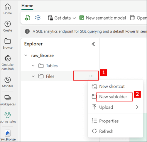 Screenshot showing how to create a subfolder in MS Fabric Lakehouse